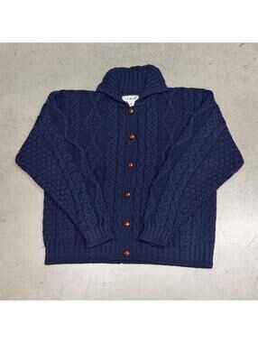 L.L. Bean Navy Cable Knit Irish wool Button-Up Aran Cardigan